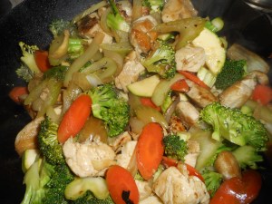 rhubarb pie, ginger stir fry, salmon with peas 012