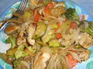 rhubarb pie, ginger stir fry, salmon with peas 015