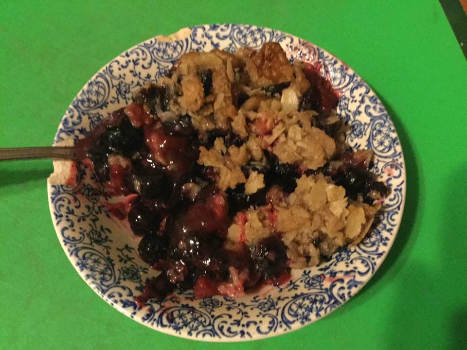 blueberry rhubarb crisp in dish